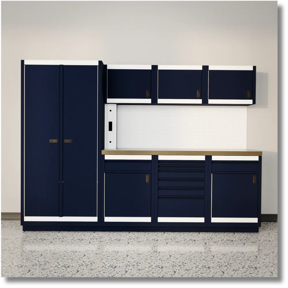 9-foot heavy-duty steel garage storage cabinet system with upper cabinets, lower storage units and integrated work surface