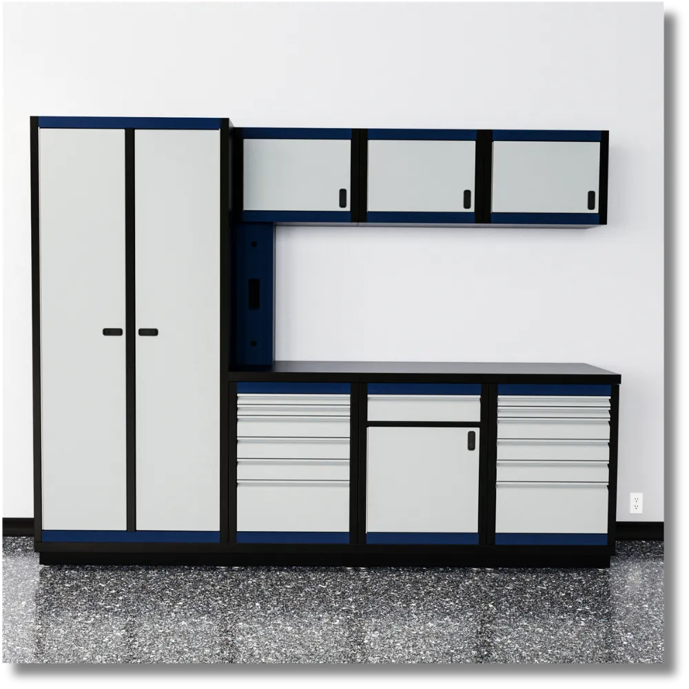 9-foot heavy-duty steel garage tool cabinet system with black and gray cabinets, upper storage units, drawers and integrated workbench.