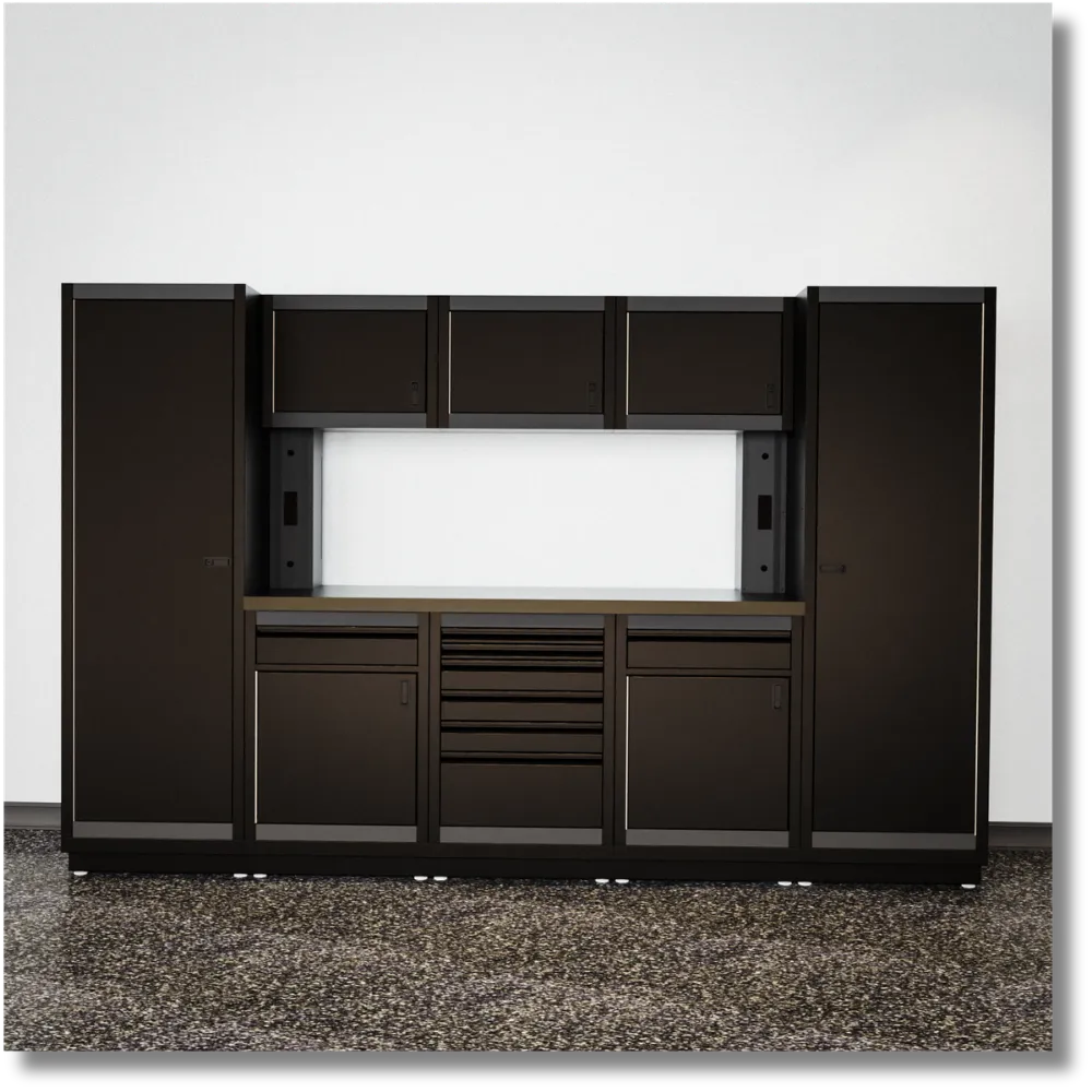 10-foot HD steel garage storage cabinet run with overhead cabinets, lower storage and integrated countertop