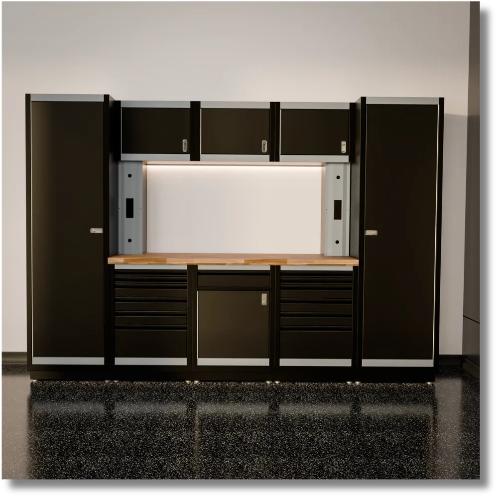 10-foot heavy-duty steel garage tool cabinet system with dark steel cabinets, built-in tool drawers, upper storage and integrated workbench.