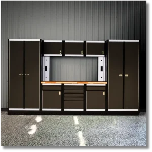 12-foot HD steel garage storage cabinet system featuring enclosed cabinets, overhead storage and built-in countertop