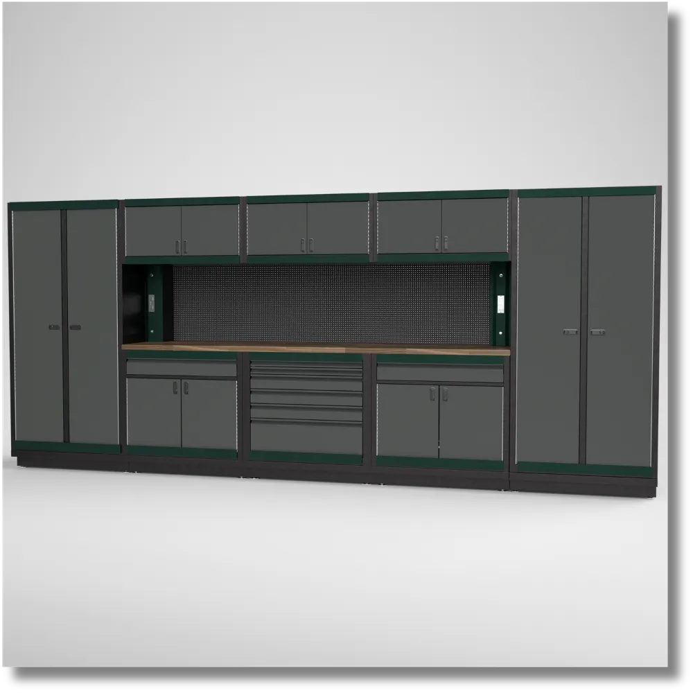 15-foot HD steel garage storage cabinet system with enclosed storage cabinets and integrated workbench