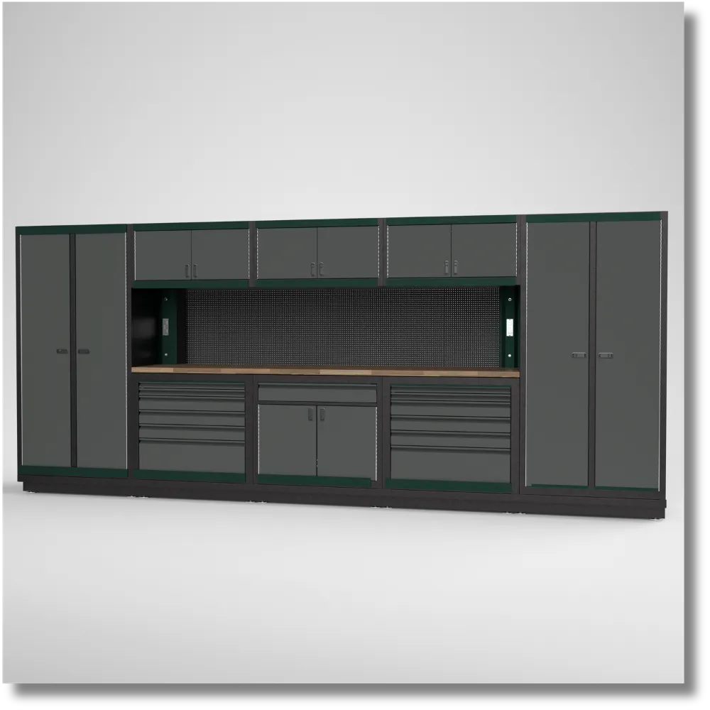 15-foot heavy-duty steel garage tool cabinet run featuring integrated drawers, cabinets and workbench