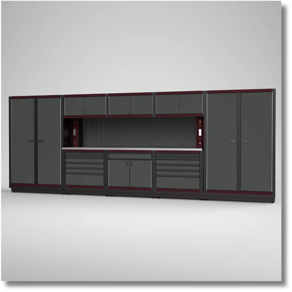 17-foot heavy-duty steel garage tool cabinet run with dark gray cabinets, drawers and work surface