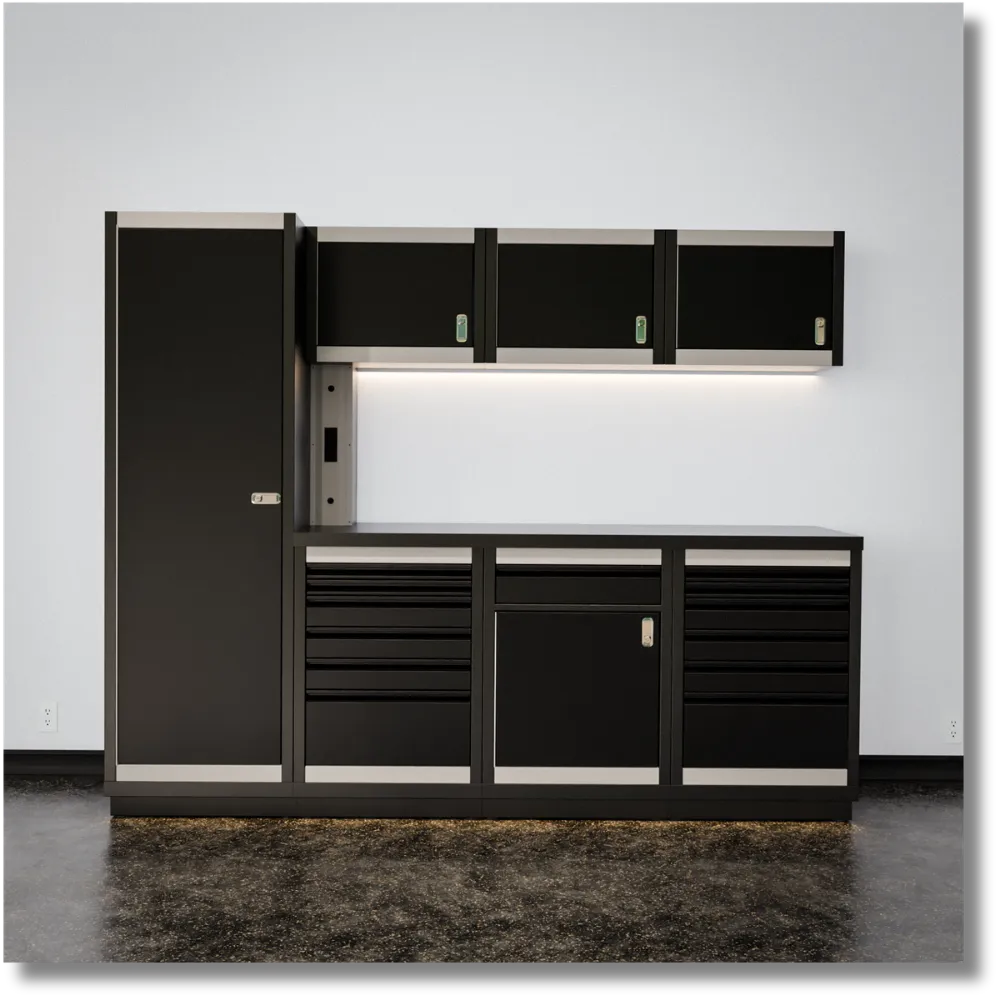 8-foot heavy-duty steel garage tool cabinet system with drawers, overhead storage and built-in workbench