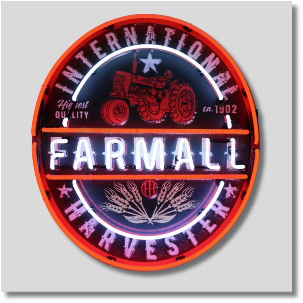 Farmall tractor neon sign featuring vintage IH Farmall emblem with red and blue illuminated border